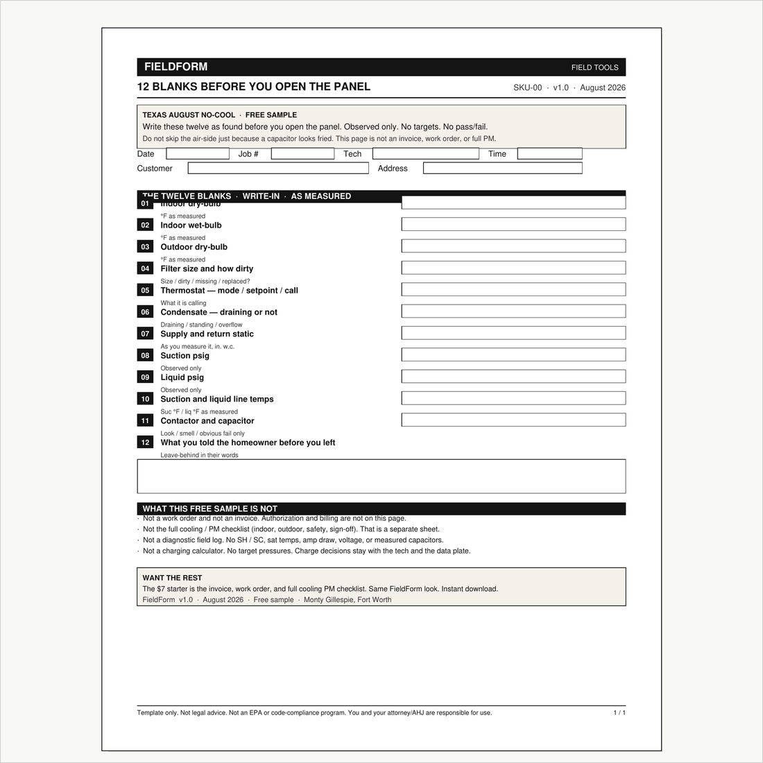 Free FieldForm sheet: twelve blanks to write before you open the panel