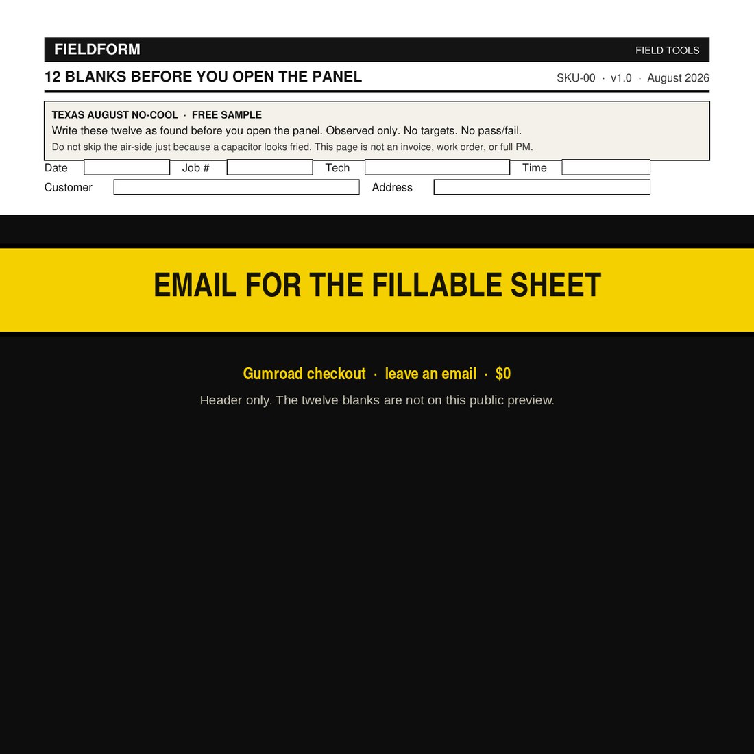 Gated preview of the free FieldForm no-cool sheet — header only, twelve blanks not shown