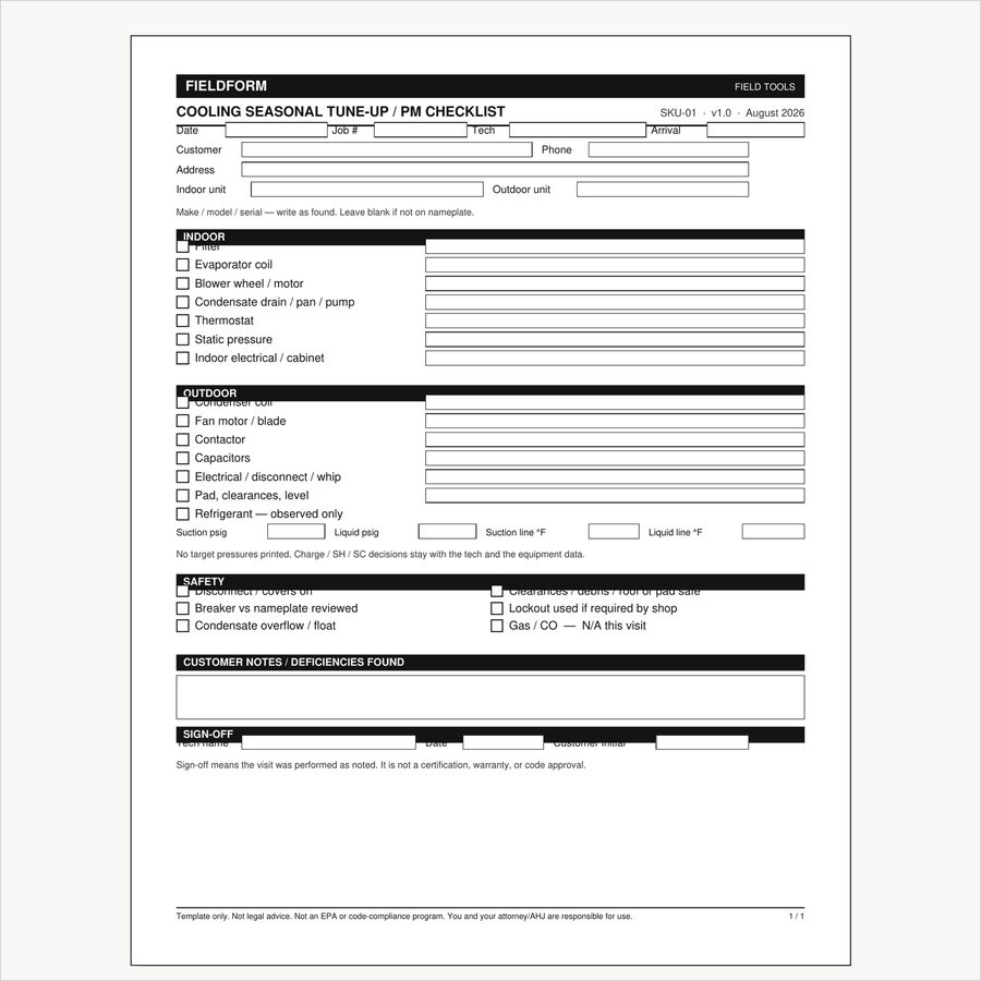 FieldForm HVAC cooling seasonal tune-up and PM checklist template