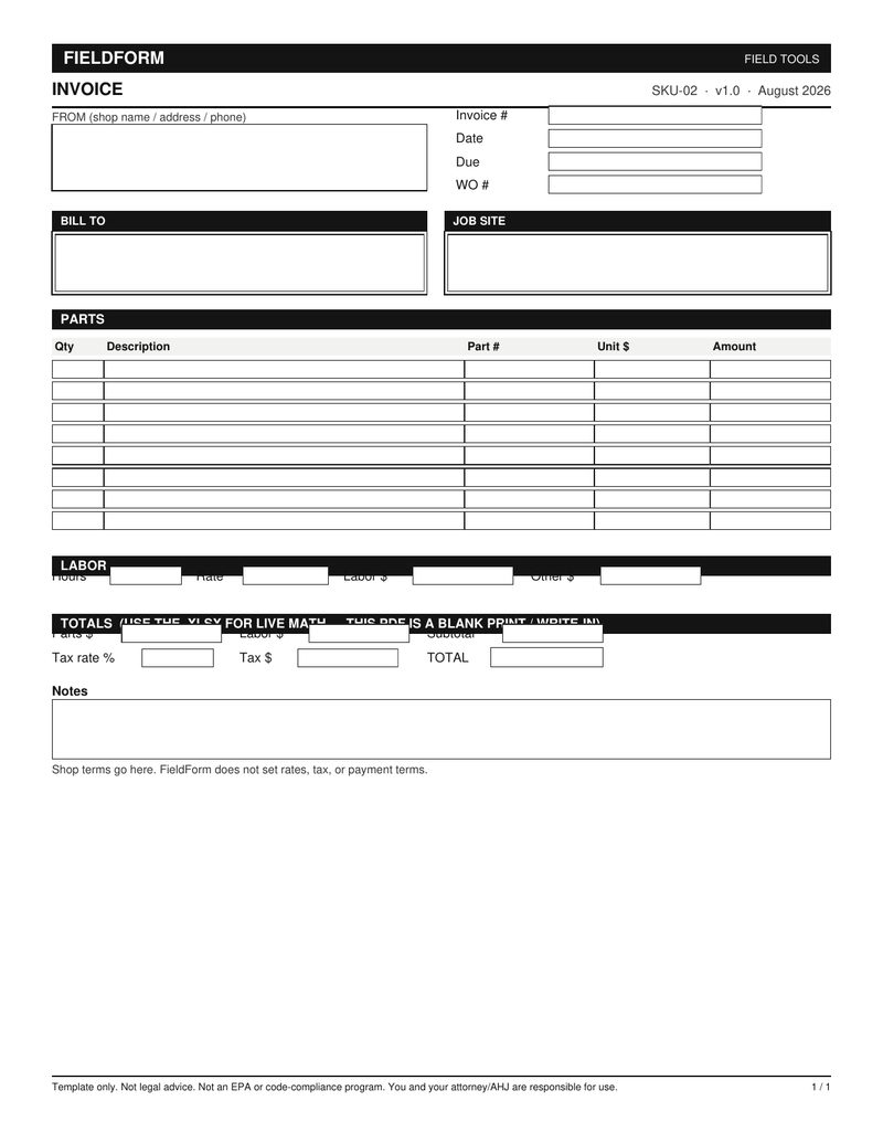 FieldForm HVAC invoice template with parts, labor, tax, and total fields