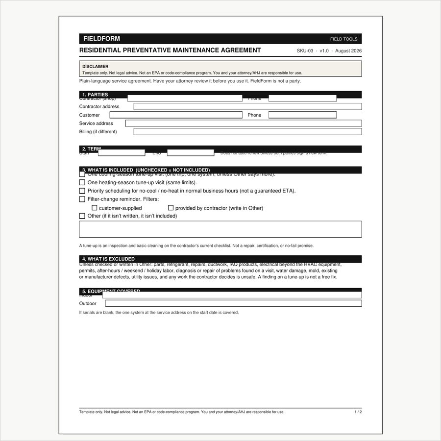 FieldForm residential HVAC preventative maintenance agreement template