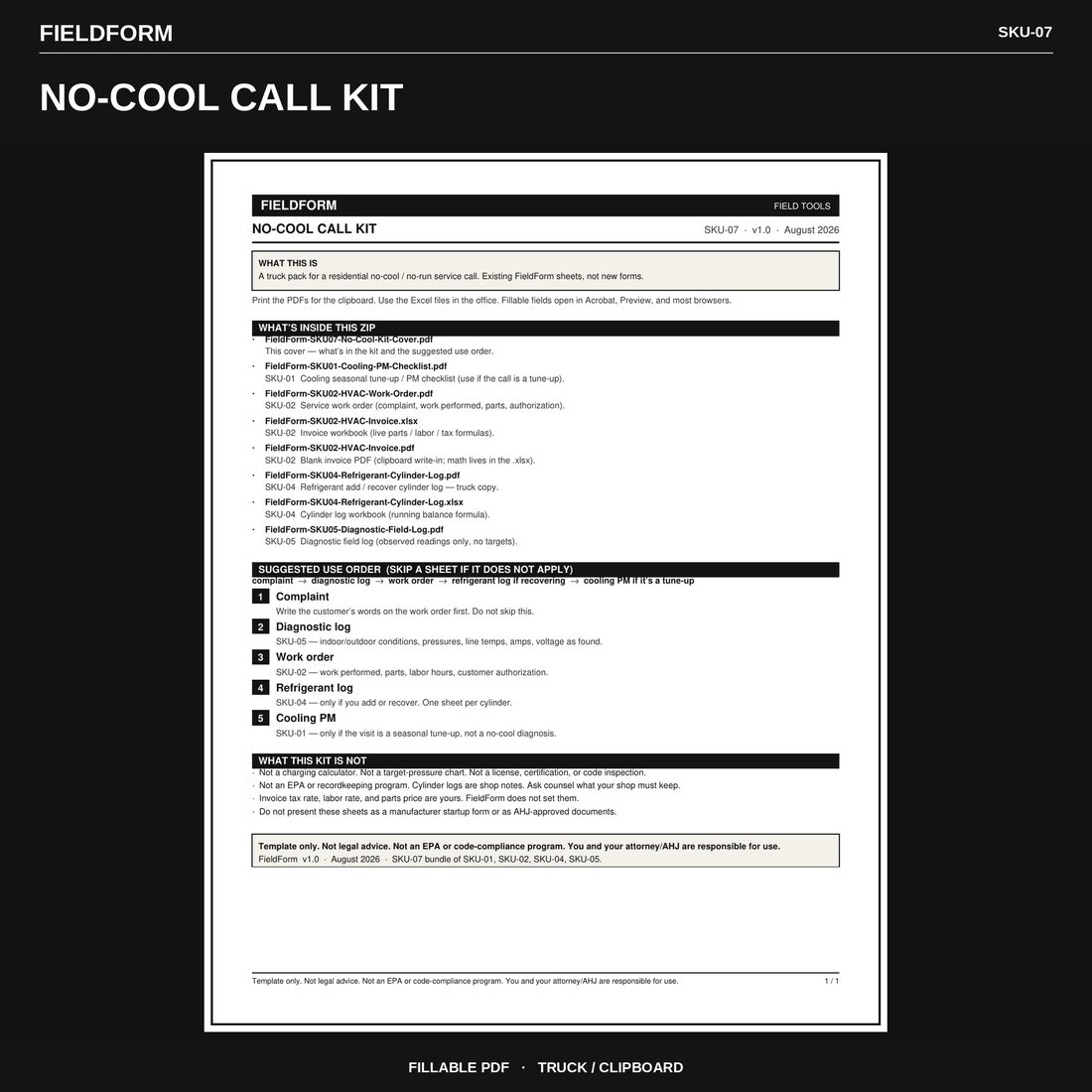 FieldForm No-Cool Call Kit cover: HVAC invoice, work order, cooling PM, refrigerant log, diagnostic log