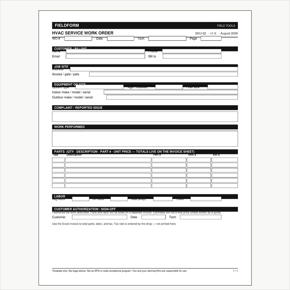FieldForm HVAC service work order template, US Letter, black header bars and write-in fields
