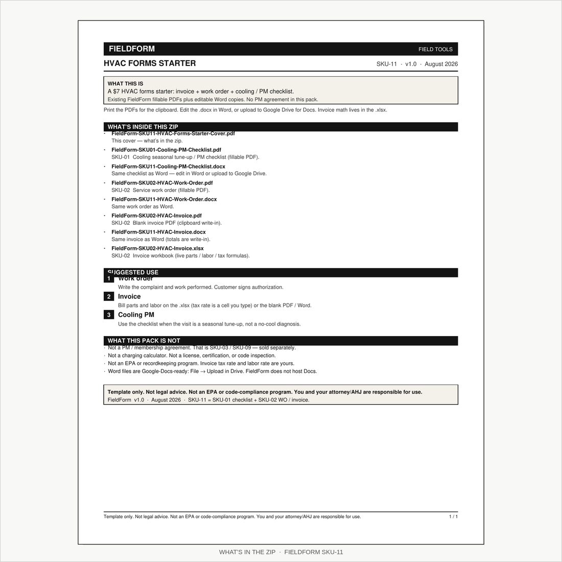 Cover page listing every file in the FieldForm HVAC forms starter zip